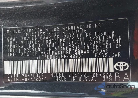 2016 Toyota Corolla S Plus z USA, uszkodzony, nr VIN 5YFBURHE2GP498901